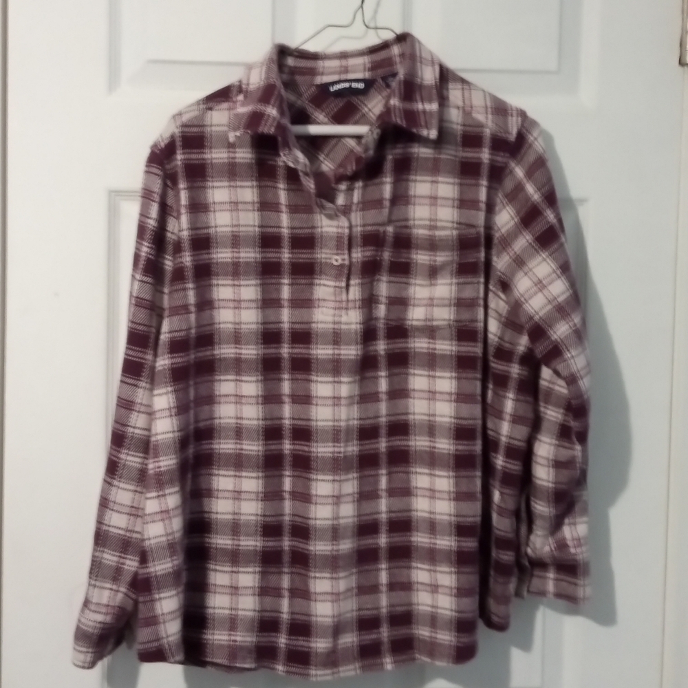 Lands' End Women's Lounge Flannel Top - Burgundy and White